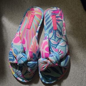 Lilly Pulitzer Sea Glass Aqua Rainforest Retreat Pool Slippers Sz 8